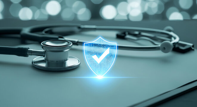 Healthcare security concept with stethoscope and glowing digital shield icon representing medical insurance data protection and verified patient privacy systems