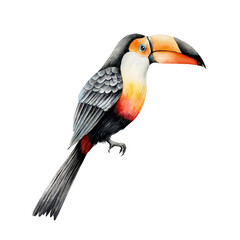 Fototapeta premium Toco toucan. Watercolor hand drawn isolated exotic tropical bird illustration on transparent background. Rainforest clown. For designers, invitations, decoration, postcards, wrapping paper