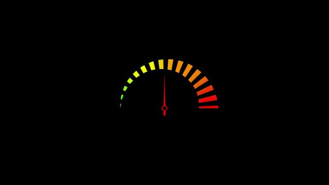Speedometer gauge animation with gradient color scale for performance metrics and data visualization interface
