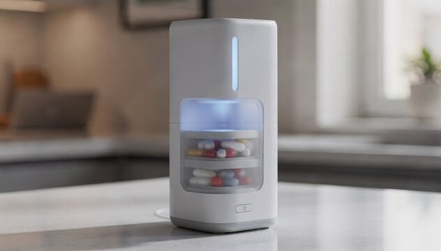 Countertop tower smart pill dispenser in medium shot clear focus on illuminated dose alert blurred domestic setting enhancing modern health management.