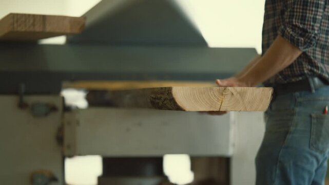 Carpenter processing wooden plank on planing machine