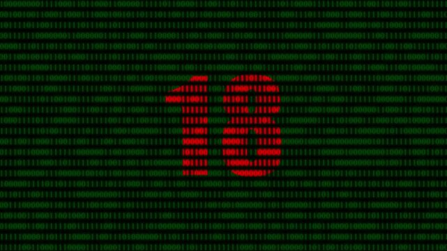 Red number 18 glowing on green binary code background, digital matrix data stream animation for tech concepts