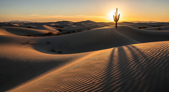 Majestic Arizona desert landscape featuring a Saguaro cactus silhouette against a golden sunset over rolling white sand dunes with beautiful wind ripples and shadows