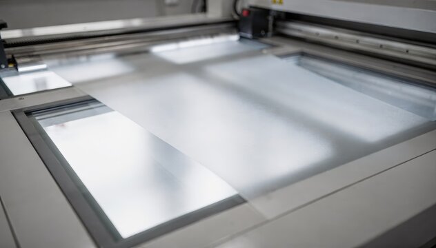 Medium shot of frosted film being precisely laid over window sections by an automated machine highlighting texture and diffusion effects.