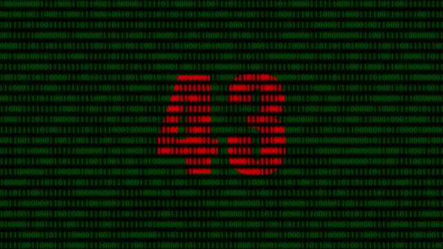 Red number 43 formed by shifting binary code data stream on dark green digital matrix background