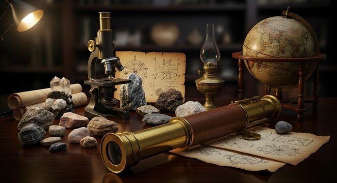 vintage scientific instruments on a wooden desk with microscope globe and telescope