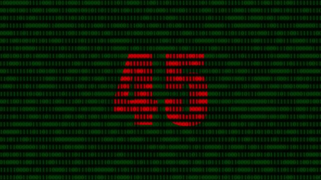 Digital number 45 formed by flickering red binary code on a green matrix background, for technology and, data concepts
