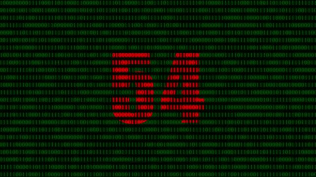 Digital number 54 formed by shifting red binary code on green matrix background, for technology and, data concepts