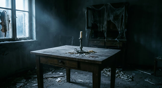 Dusty wooden desk with melted candle wax in a dark abandoned room with mist and cold blue light from a broken window