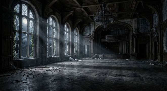 Grand ballroom in an abandoned mansion with moonlight and dust motes shining through large gothic windows, eerie ruins