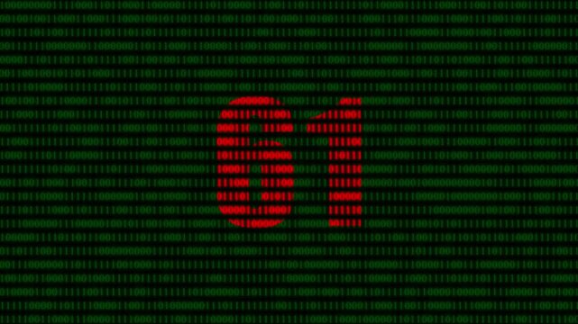 Red digital number 61 countdown on green binary code background, futuristic cyber security data stream animation