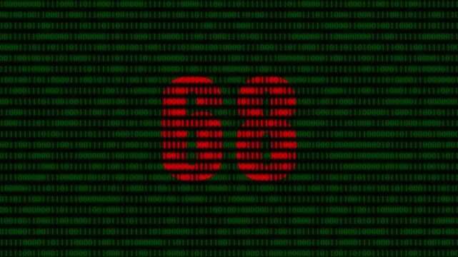 Red number 68 digital countdown on green binary code background, cyber security and data processing concept