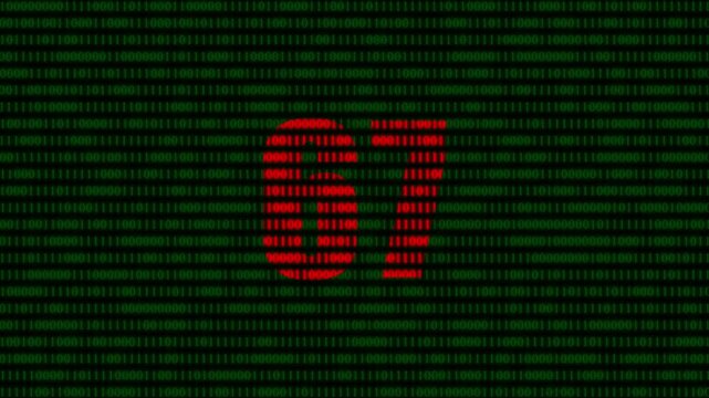 Digital number 67 formed by red binary code on green matrix background, abstract cyber security and data technology concept