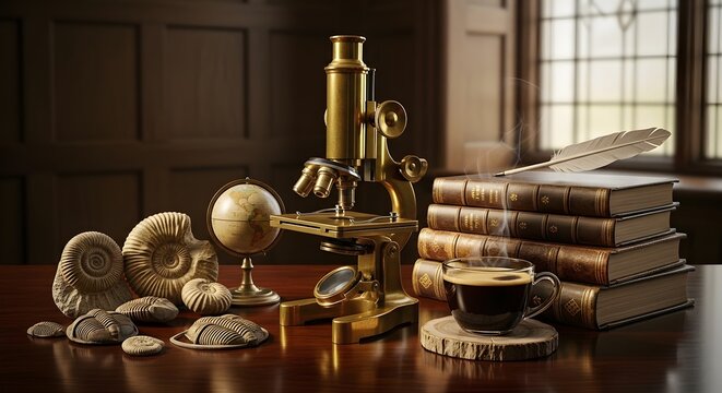 vintage still life with coffee beans antiques and old books on wooden table