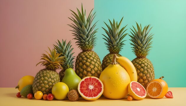 Assorted fresh tropical fruits on colorful background pineapples grapefruits and citrus fruits arranged on table