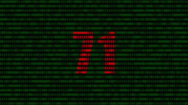 Digital number 71 glowing red on green binary code background, abstract technology data stream animation