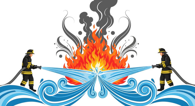 Illustrated firefighters on duty, spraying water to extinguish a large stylized fire with black smoke against a white background, rendered in a vibrant, flat design with decorative water