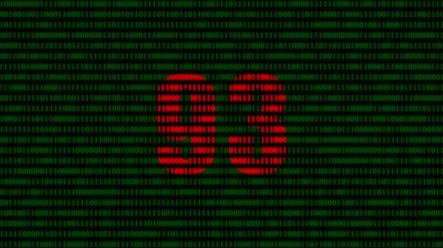 Digital number 93 glowing red on green binary code background, abstract technology data stream animation