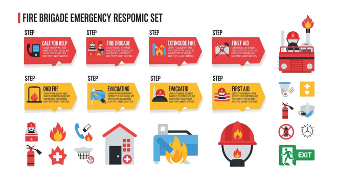 A firefighter safety guide, presented as a flat lay, shows the fire brigade on duty using emergency response steps with red and yellow directional arrows against a clean white background