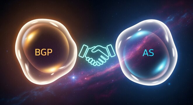 BGP AS handshake represents the Border Gateway Protocol and Autonomous System connection, illustrating internet routing and network communication collaboration