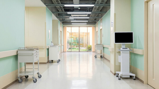 Modern Hospital Corridor with Medical Carts and Mint Walls Symbolizing Healthcare Hope and Recovery for Medical Branding Advertising and Wellness Presentations