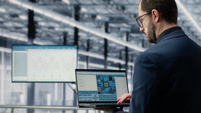 Optimizing conveyor belt workflow, simulation and man in microchip smart factory using MES software. Tracking semiconductor production defects, hardware circuit layout and manager using tool, camera B