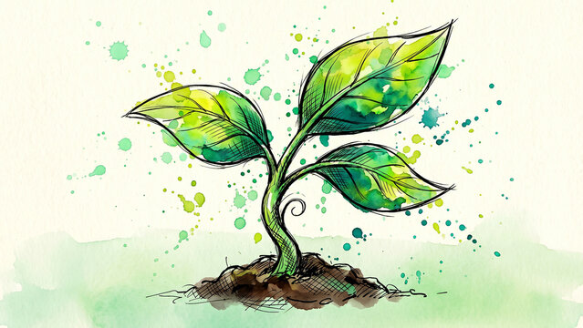 Watercolor Sketch of Single Vibrant Green Sprout Growing in Soil with Splash Effects Symbolizing Beginning Hope Growth for Environment CSR Startup Branding