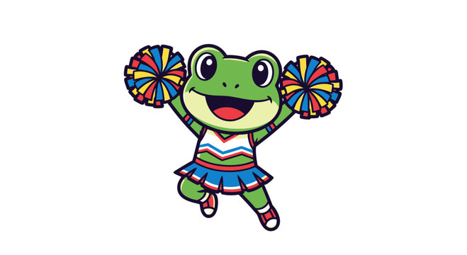 Cute cartoon frog cheerleader with pom-poms jumping happily.