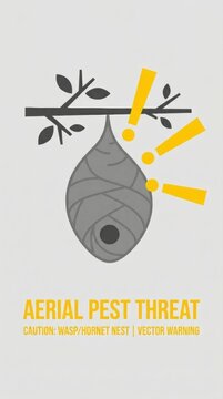 Stylized hornet nest hanging from a tree branch with yellow exclamation marks. Alerting to potential danger from stinging insects. Suitable for pest control manuals or safety warnings.