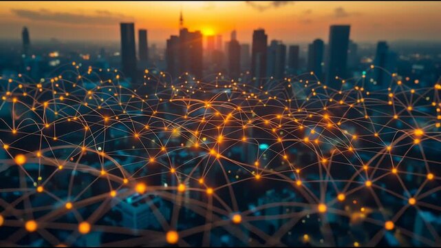Smart digital Innovation city with connection network reciprocity over the cityscape. of future smart wireless digital city and social media networking systems that connects people with in city
