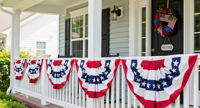 Red white blue american flag bunting decorates house porch railing. Patriotic american flag bunting enhances home exterior for national celebration, displaying vibrant colors.