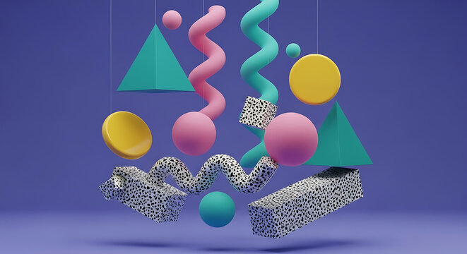 Creative 3d art background in Memphis style with abstract colorful geometric shapes floating spheres and patterned lines for a modern vector illustration concept