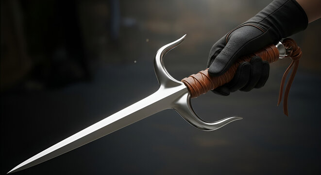 A realistic 3D render of a hand holding a sai weapon, showcasing its metallic shine and leather grip