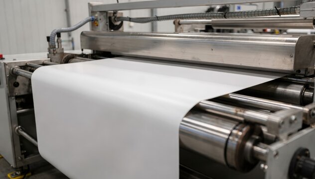 Medium shot of industrial station applying lowgloss waterbased barrier coating to packaging paper highlighting smooth matte finish and even layer application.