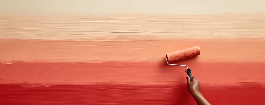 A paint roller glides across a wall in a soft gradient from cream to deep red. Smooth horizontal bands and creamy textures create a minimal, stylish aesthetic.