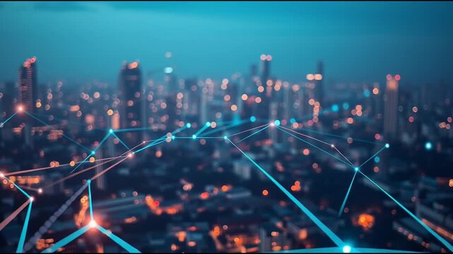 Smart digital Innovation city with connection network reciprocity over the cityscape. of future smart wireless digital city and social media networking systems that connects people with in city