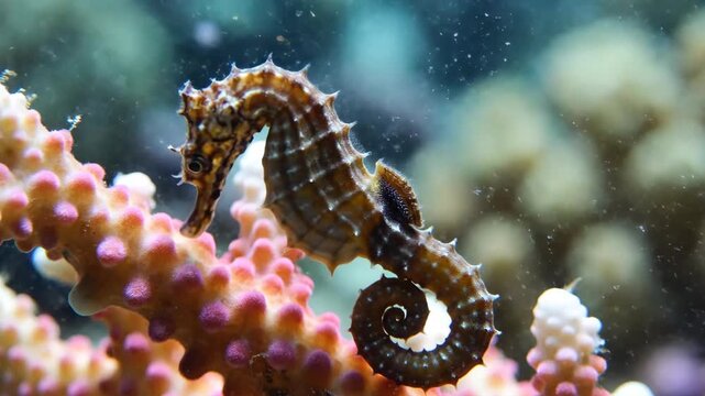 Macro shot of brown seahorse Hippocampus clinging to magenta coral branches underwater with floating particles