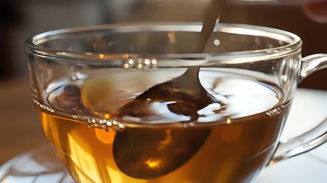 Closeup of a hot cup of tea being stirred with a spoon.