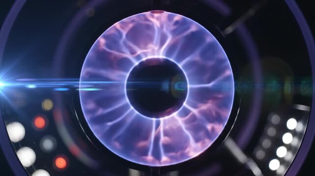 Macro view of cybernetic eye lens featuring electric violet plasma pulses and dark metallic rings