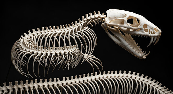 Detailed close-up view of a snake skeleton, showcasing the intricate bone structure of the reptile's spine, ribs, and skull with prominent 