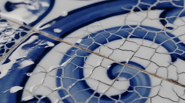 Closeup of cracked blue and white ceramic tile pattern.