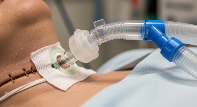 Close-up of a patient's neck with a tracheostomy tube and ventilator connection