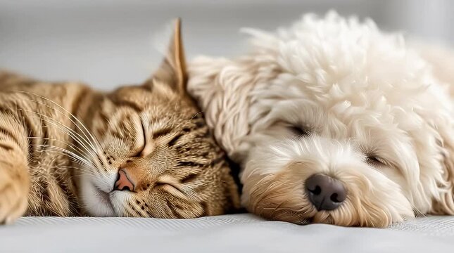 A heartwarming close-up captures a tabby cat and fluffy poodle puppy peacefully napping together on a soft white bed showcasing friendship and cozy domestic bliss