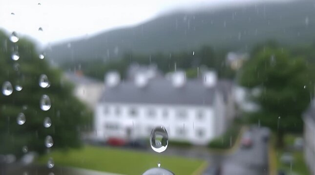 A single raindrop hangs suspended reflecting a blurred suburban home and lush greenery in its surface during a gentle rain shower a moment of peaceful reflection