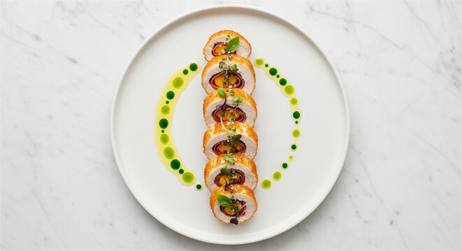 Gourmet chicken ballotine with vegetable stuffing, elegant fine dining poultry dish, roasted chicken breast roulade on white marble background