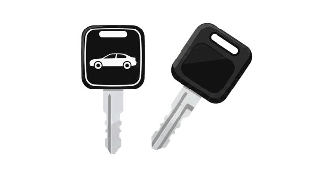 Minimal black silhouette icon, simple flat vector, bold black shape, no, no shading two car keys with black plastic heads on a, flat icon style