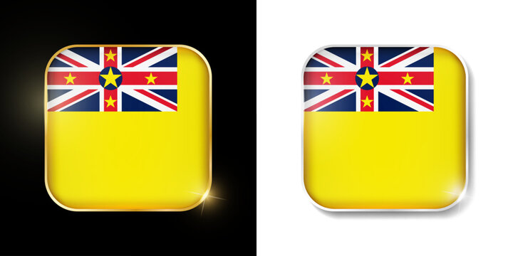 Niue flag shiny golden and silver icons isolated on black and white. Vector 3D square rounded illuminated buttons with shadow. Use for bets, tournament, sport games