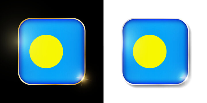 Palau flag shiny golden and silver icons isolated on black and white. Vector 3D square rounded illuminated buttons with shadow. Use for bets, tournament, sport games