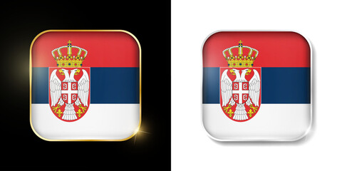 Obraz premium Serbia flag shiny golden and silver icons isolated on black and white. Vector 3D square rounded illuminated buttons with shadow. Use for bets, tournament, sport games