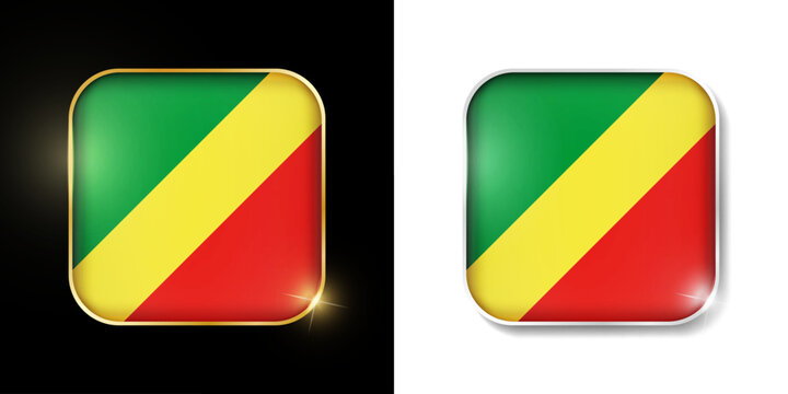 Republic of the Congo flag shiny golden and silver icons isolated on black and white. Vector 3D square rounded illuminated buttons with shadow. Use for bets, tournament, sport games